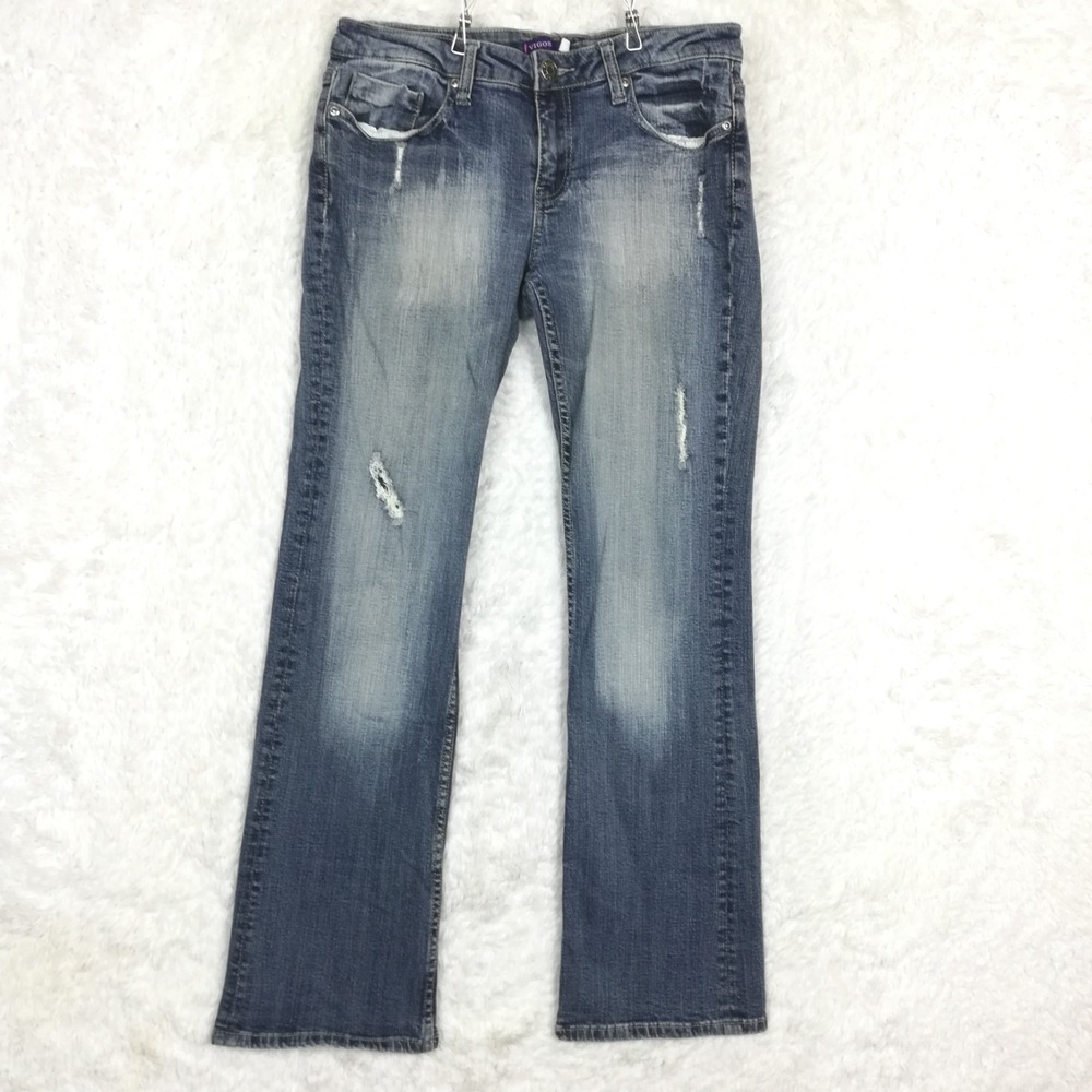 Vigoss Womens Jeans Boot Cut Blue Denim Studded Distressed‎ Stone Wash Low 7